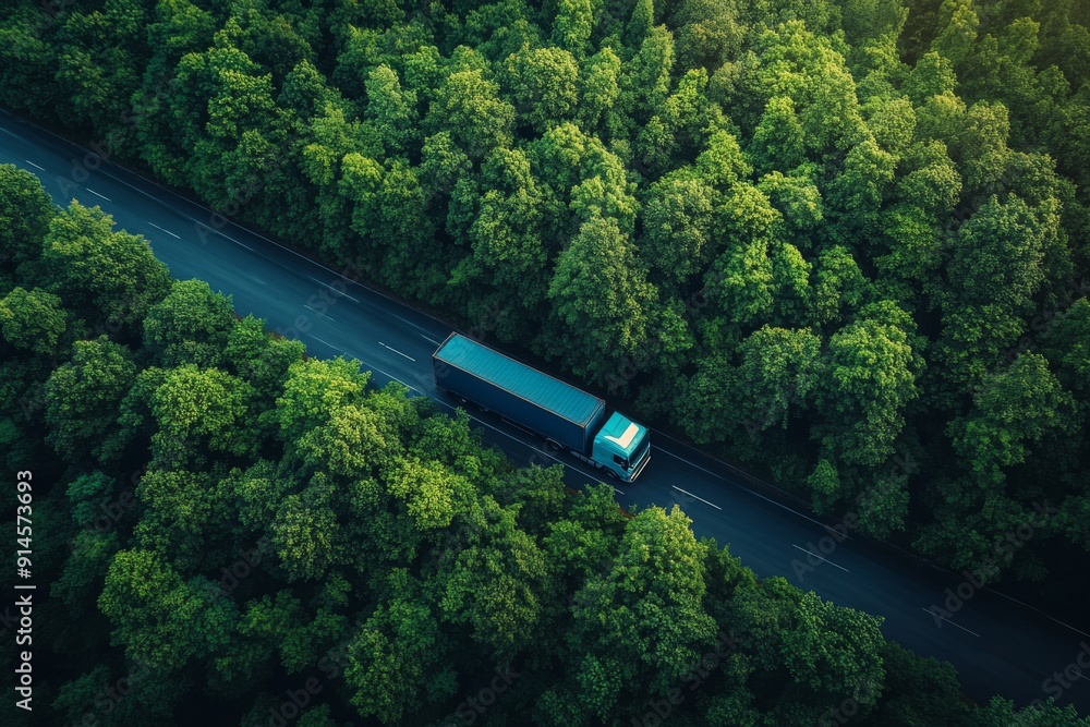 Fototapeta premium Top view of truck driving on highway road in green forest.