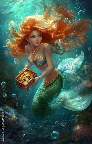 Illustration of a little mermaid holding in her arms a wooden chest showing gold coins. She is under the sea creating dreamy scenes, fantasy story. 