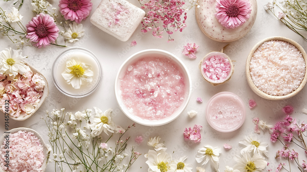 spa still life with pink flowers