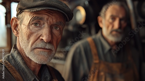 Two elderly gentlemen standing side by side, possibly friends or family members