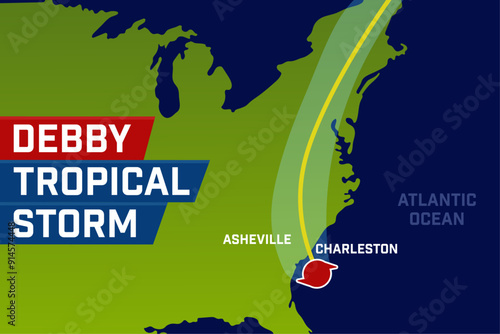 Tropical storm Debby map of movement. Forecast and track. Vector illustration.
