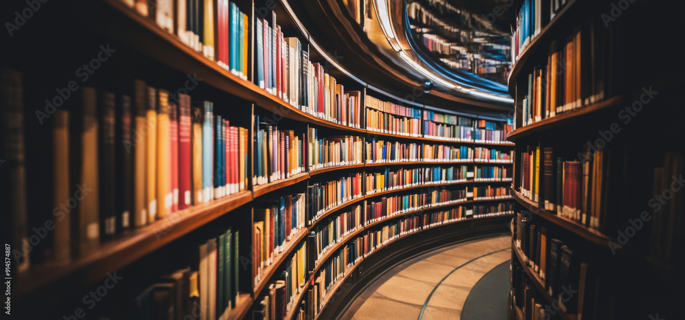 Stunning Library Interior With Curved Shelves Filled With Colorful Books at Twilight Stunning Library Interior With Curved Shelves Filled With Colorful Books at Twilight