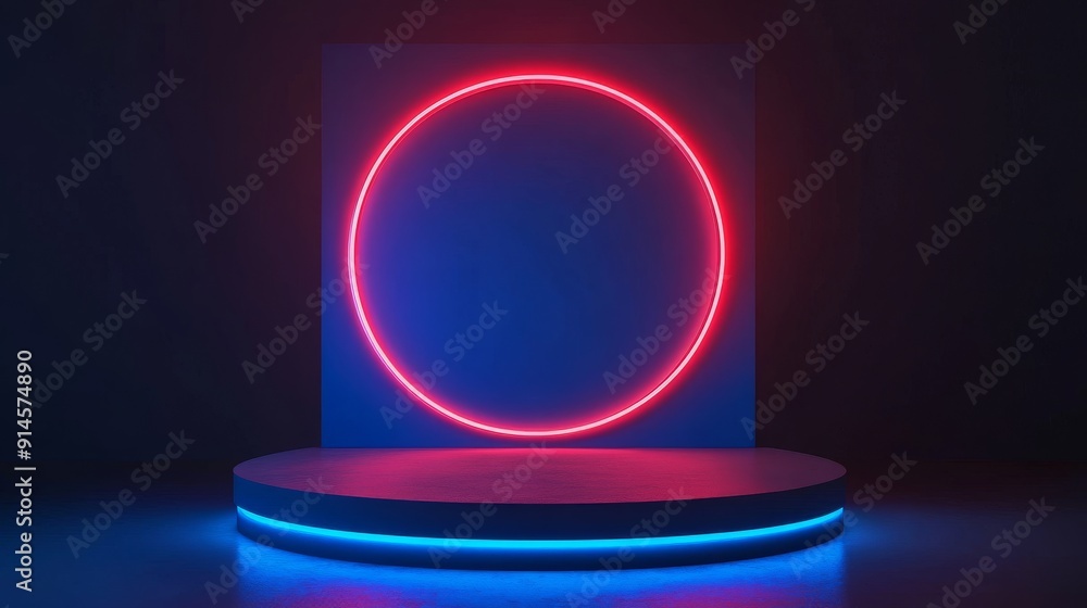 Blue podium with glowing neon light ring on dark background for a product presentation mock up. Blue podium with glowing neon light ring on dark background for a product presentation mock up.