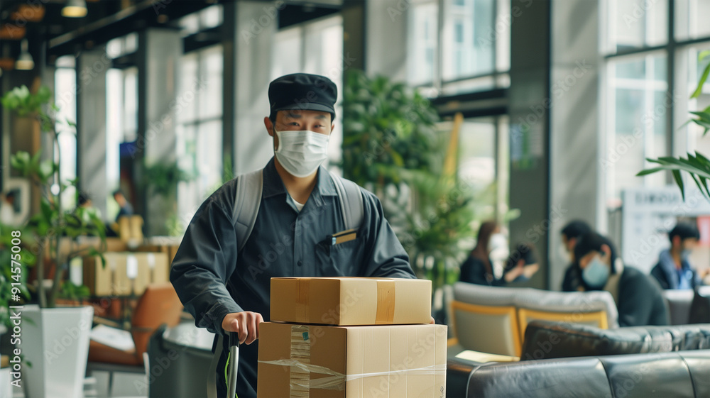 オフィスで荷物を配達する日本の配達員 オフィスで荷物を配達する日本の配達員