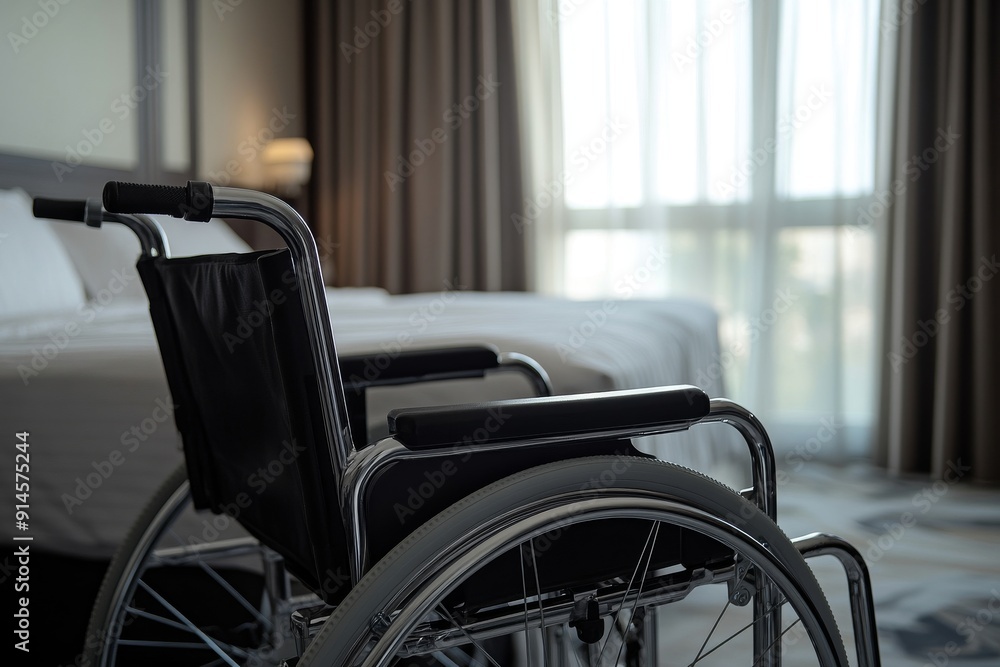 The wheelchair is placed next to the bed. The wheelchair is placed next to the bed.