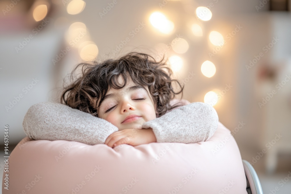 Adorable Child Resting Peacefully in Cozy Setting with Warm Lighting - School Environment and Wheelchair Close-Up Adorable Child Resting Peacefully in Cozy Setting with Warm Lighting - School Environment and Wheelchair Close-Up