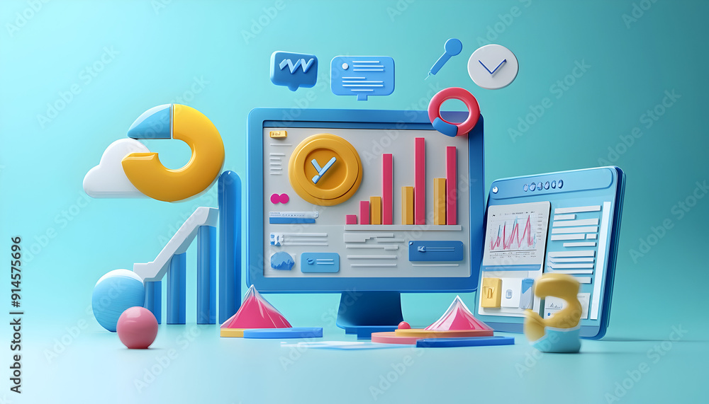 3D SEO Optimization Illustration with Web Analytics and Marketing Concepts 3D SEO Optimization Illustration with Web Analytics and Marketing Concepts