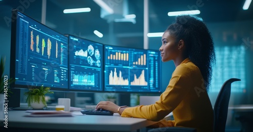 Black woman in an office using two monitors to display data and graphs. photo