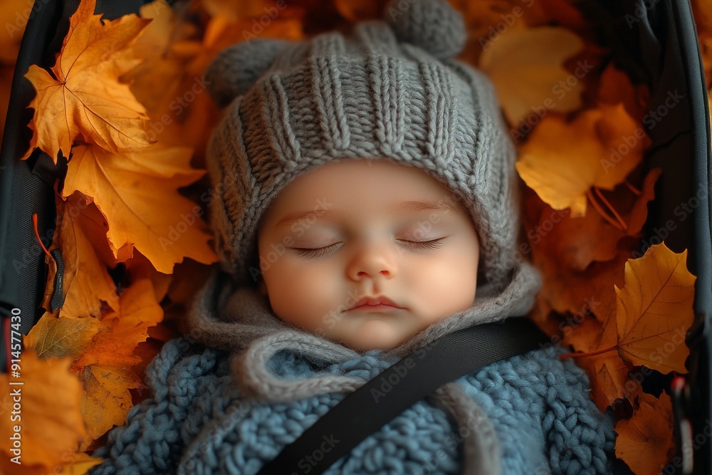 Baby sleeping in a stroller on an autumn day. Baby sleeping in a stroller on an autumn day.