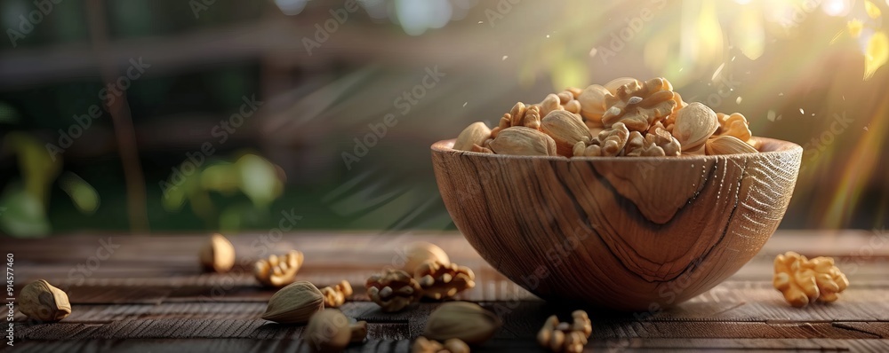 Wooden bowl filled with nuts, 4K hyperrealistic photo Wooden bowl filled with nuts, 4K hyperrealistic photo