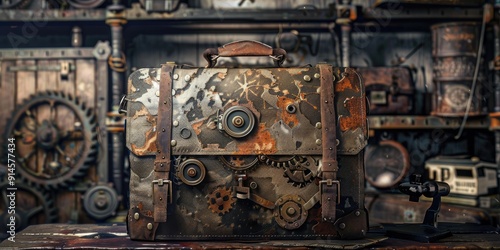 Steampunk-style leather briefcase with gears.