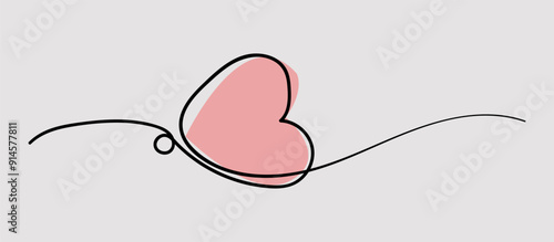 Heart continuous one line drawing, Black line and pink heart vector minimalist illustration of love concept made of one line style. Single heart isolated on white background. photo