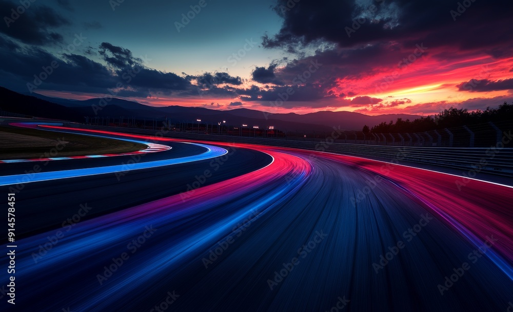 Racing track with blue and red light trails at sunset. Racing track with blue and red light trails at sunset.