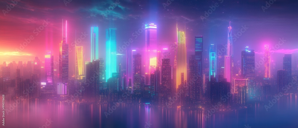 Fototapeta premium Electric cityscape with rainbow-colored lights and retro 80s elements celebrating LGBTQ culture in a vibrant synthwave setting