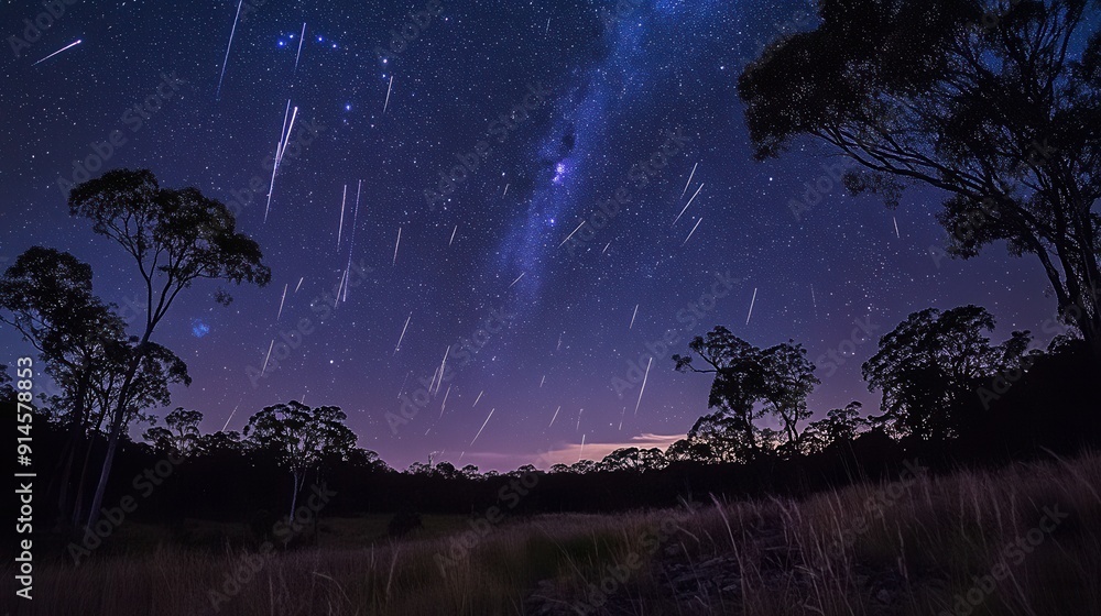 Fototapeta premium Stunning celestial display with meteors streaking across the night sky above a lush forest