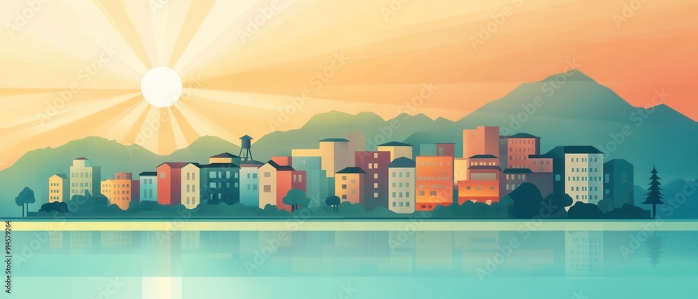 Modern flat design with sun rays highlighting a coastal town at dawn Modern flat design with sun rays highlighting a coastal town at dawn