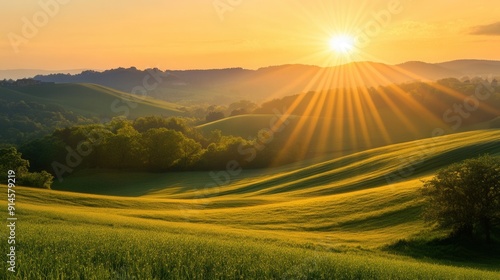 Stylized sun rays radiating over a peaceful countryside scene with rolling hills