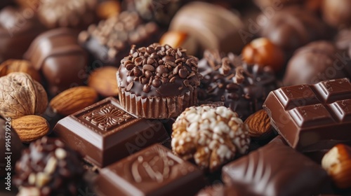 A close-up of assorted chocolate pieces, including dark chocolate bars, truffles, and nuts. The rich brown tones and textures of the chocolate are the focus of the image.