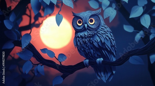 Beautiful paper cut composition of a wise owl perched on a tree branch with moonlit accents photo