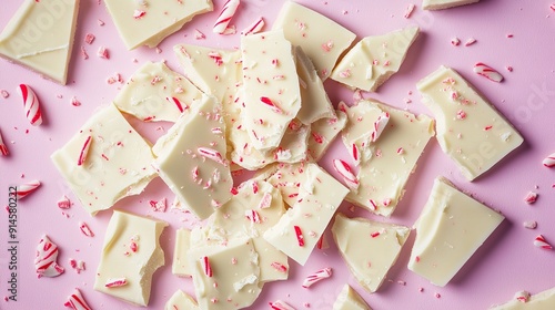 top view of white chocolate bark with peppermint candy pieces, broken into shards on a lavender background