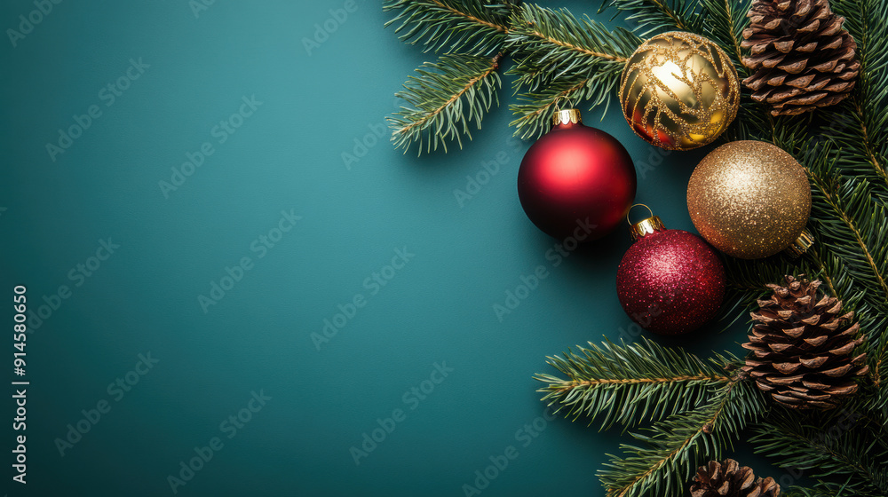 Christmas Garland with Red and Gold Ornaments on Green Background. Christmas Garland with Red and Gold Ornaments on Green Background.