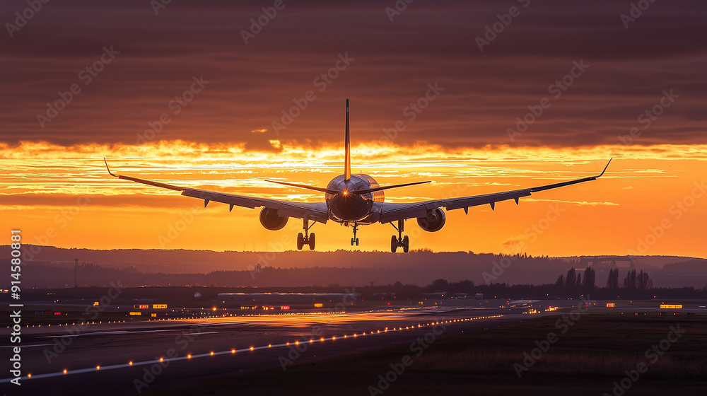 An airplane landing against a beautiful sunset backdrop, capturing the essence of adventure and the majestic nature of aviation. Perfect for travel and exploration themes. Photo An airplane landing against a beautiful sunset backdrop, capturing the essence of adventure and the majestic nature of aviation. Perfect for travel and exploration themes. Photo