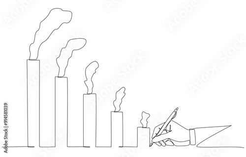 Continuous one line drawing of businessman's hand writing graph of smoke pollution in downtrend, plan to reduce greenhouse gas emission concept, single line art.