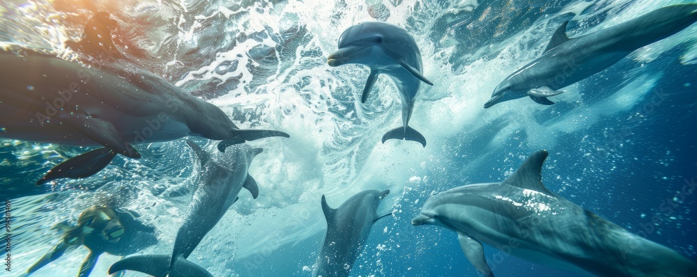 Fototapeta premium Playful dolphins swimming alongside a group of surfers, 4K hyperrealistic photo