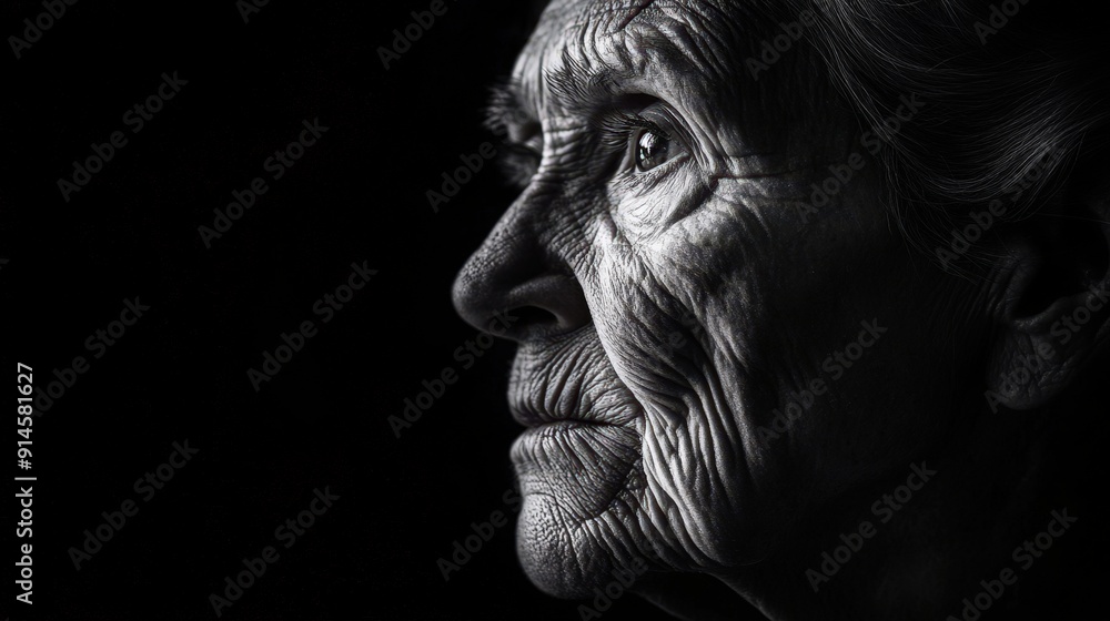 High-Contrast Black and White Portrait of an Elderly Woman with Deeply Textured Skin and Intense Gaze High-Contrast Black and White Portrait of an Elderly Woman with Deeply Textured Skin and Intense Gaze