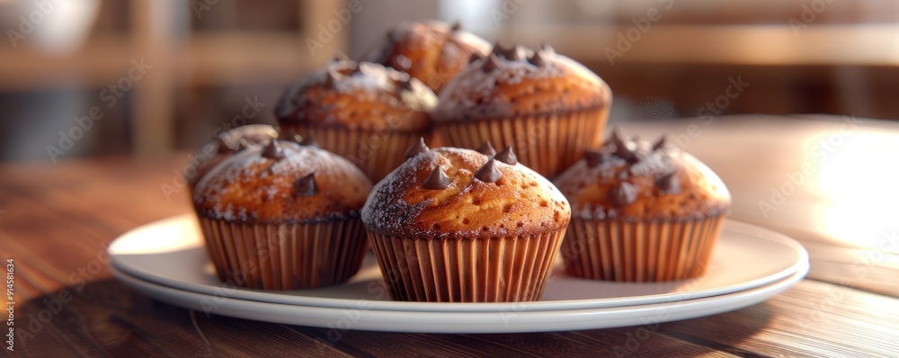 Plate of freshly baked muffins, 4K hyperrealistic photo Plate of freshly baked muffins, 4K hyperrealistic photo