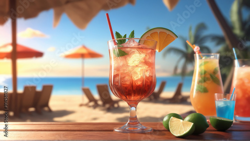 Refreshing cocktail in a glass on a wooden table in a beach club during sunset. Alcohol cocktails with ocean view, party nightlife at beachclub.