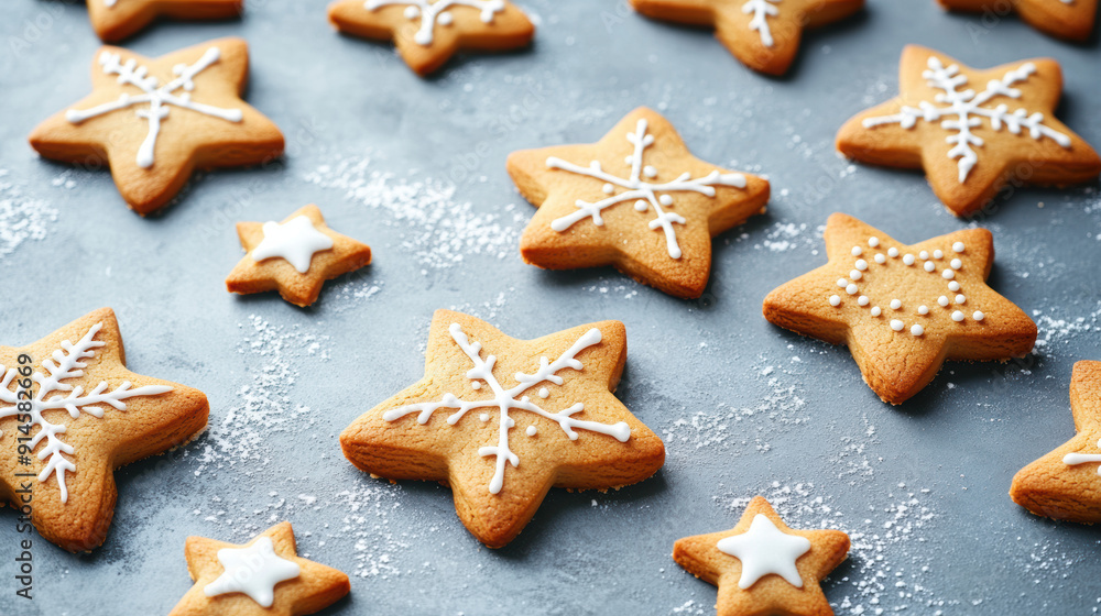 Festive Star Gingerbread Cookies with Christmas Decorations on Rustic Background. Festive Star Gingerbread Cookies with Christmas Decorations on Rustic Background.
