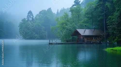 Cabin on a Misty Lake