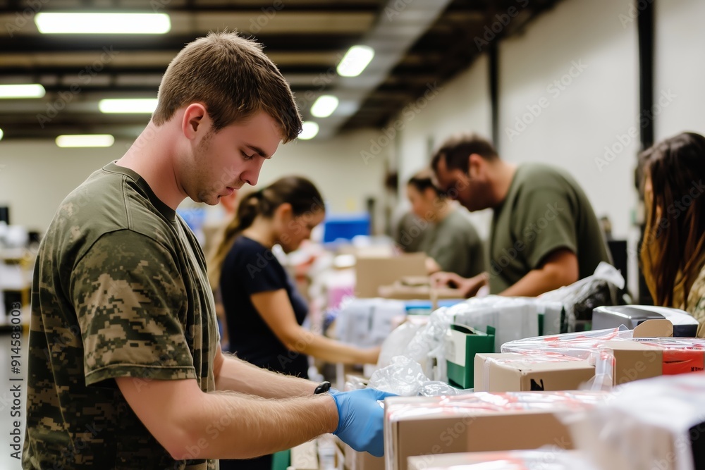 Volunteers Organizing Packages Inside a Warehouse During Community Service Event Volunteers Organizing Packages Inside a Warehouse During Community Service Event