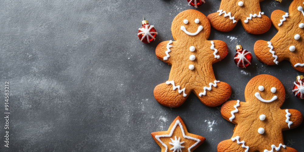 Festive Gingerbread Cookies with Christmas Decorations on Rustic Background. Festive Gingerbread Cookies with Christmas Decorations on Rustic Background.