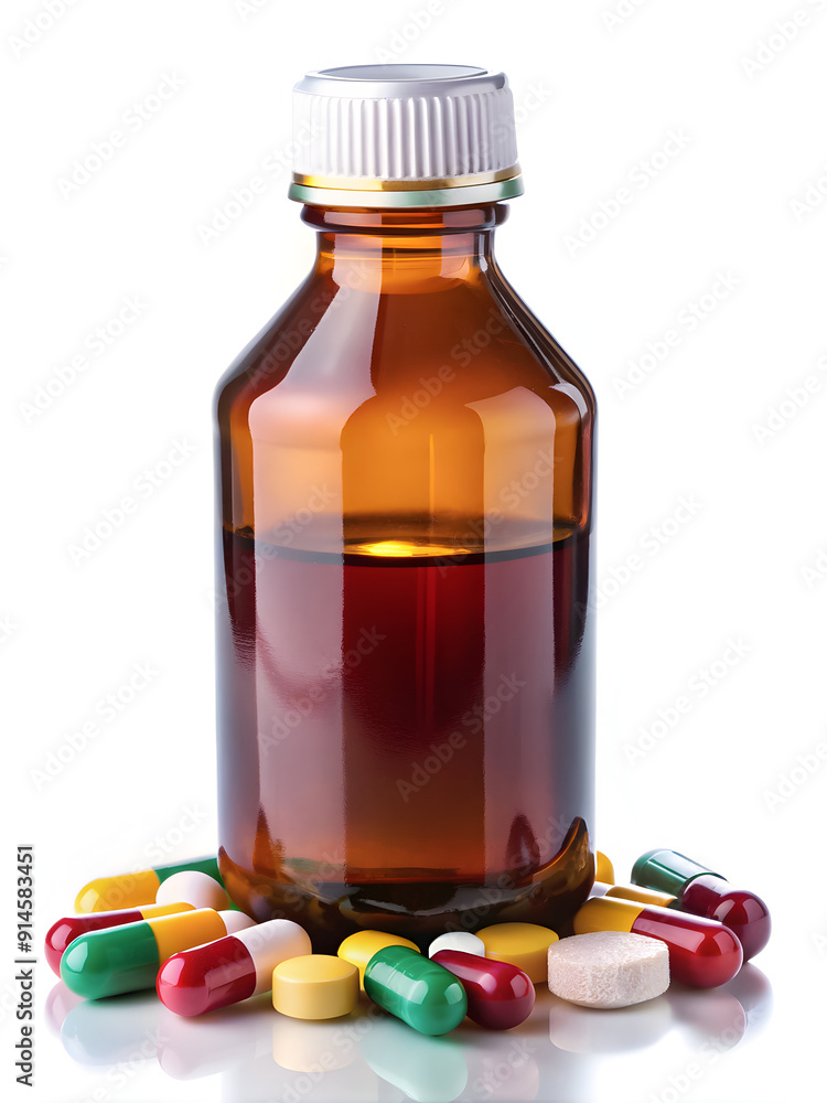 A brown medicine bottle with white cap surrounded by assorted colorful pills and capsules on a white background. A brown medicine bottle with white cap surrounded by assorted colorful pills and capsules on a white background.