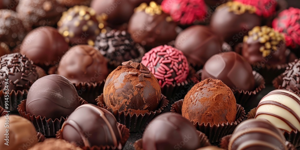 A close-up of assorted chocolate truffles. A close-up of assorted chocolate truffles.