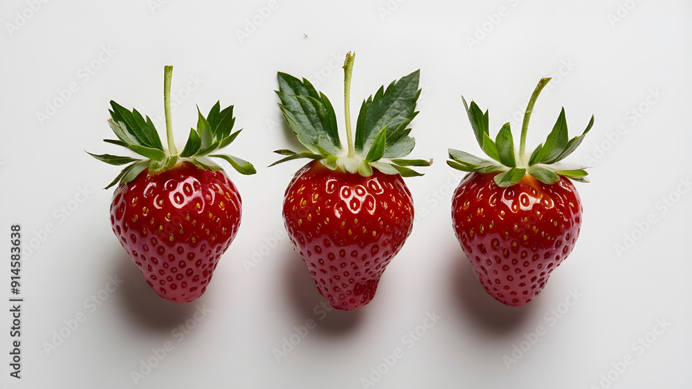 Perfectly Ripe Strawberries with Leafy Tops on Pure White. Perfectly Ripe Strawberries with Leafy Tops on Pure White.