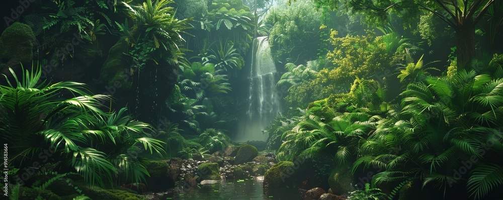 Lush green forest with a hidden waterfall tucked away in its depths, 4K ...