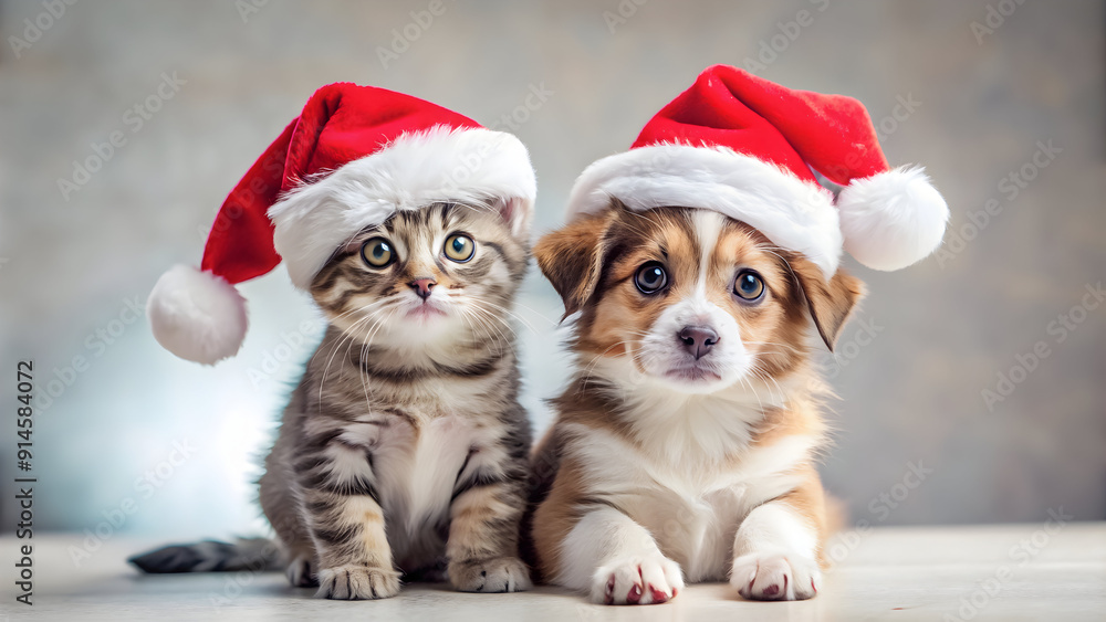 Puppy in Santa hat on a sunny beach, giving a tropical twist to Christmas. Puppy in Santa hat on a sunny beach, giving a tropical twist to Christmas.
