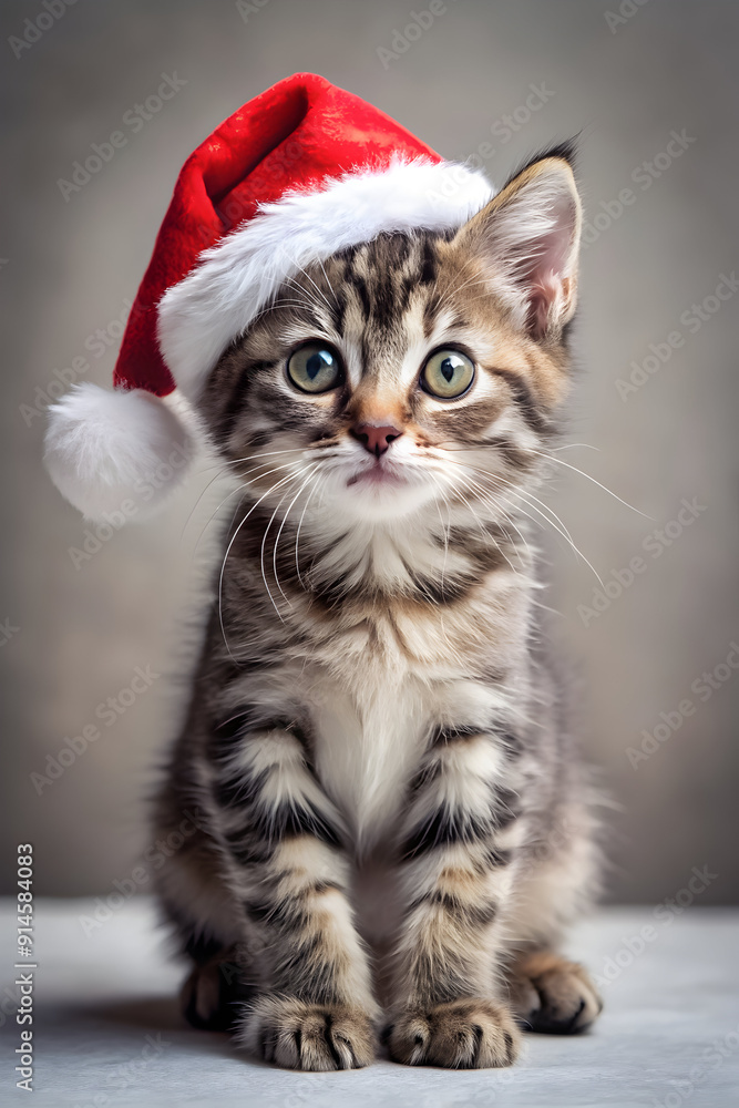 Fluffy tabby kitten in a red Santa hat poses under twinkling lights, capturing a festive mood. Fluffy tabby kitten in a red Santa hat poses under twinkling lights, capturing a festive mood.