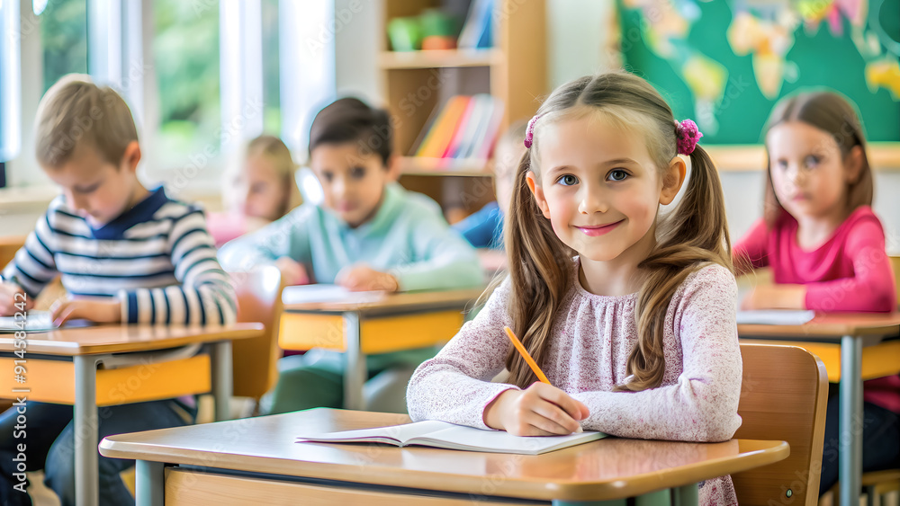 Fototapeta premium A smiling young girl with ponytails, seated in a classroom, happily engages with her work while classmates focus on theirs in the background.
