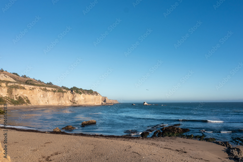 Aerial view of beautiful landscape along Highway 1 in California. Greyhound Rock and beach in the background. USA, travel and vacation concept Aerial view of beautiful landscape along Highway 1 in California. Greyhound Rock and beach in the background. USA, travel and vacation concept