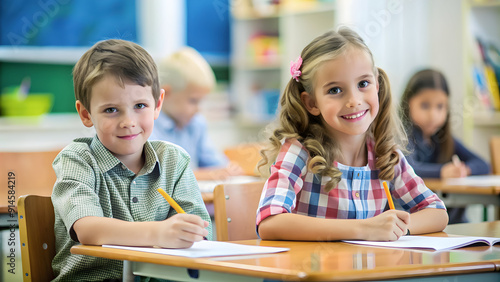 Delighted Caucasian children smiling and writing in a colorful classroom, creating a lively learning environment.