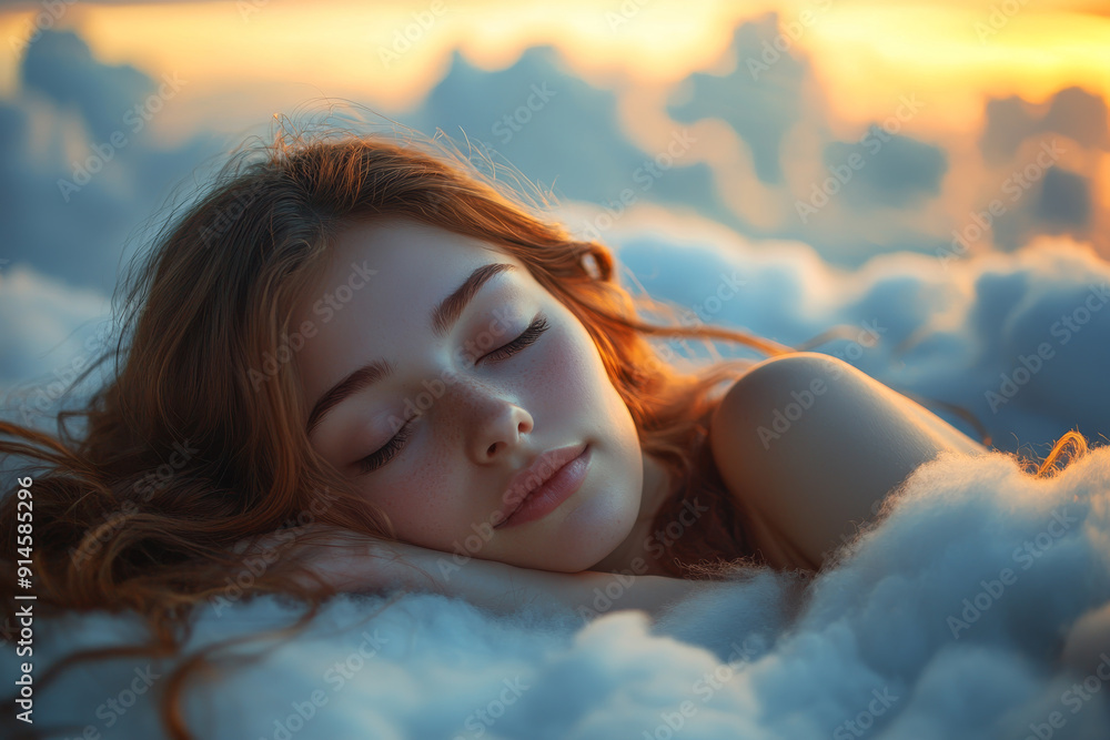 A Beautiful Woman Sleeping on a Cloud Above a Tranquil Landscape at Sunset. A Beautiful Woman Sleeping on a Cloud Above a Tranquil Landscape at Sunset.