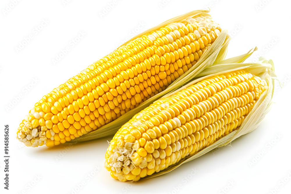 Close-up of fresh yellow corn on the cob partially wrapped in its green husk, isolated on a white background. Close-up of fresh yellow corn on the cob partially wrapped in its green husk, isolated on a white background.