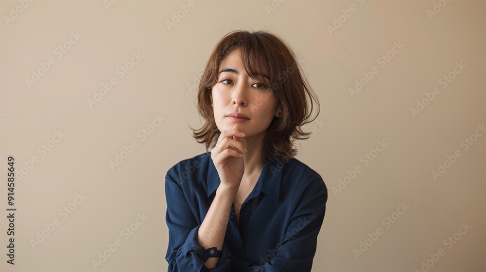 ベージュの背景のカジュアルな青いブラウスとジーンズの日本人女性 ベージュの背景のカジュアルな青いブラウスとジーンズの日本人女性