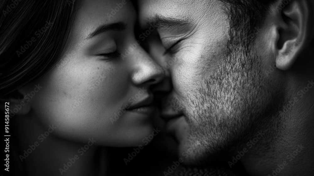 A black and white photograph of a man gently kissing a woman's forehead, capturing a moment of intimacy and affection A black and white photograph of a man gently kissing a woman's forehead, capturing a moment of intimacy and affection