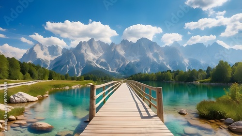 wooden bridge over the Lake Jasna. View of the Julian Alps in the summertime from Gozd Martuljek location in Slovenia, Europe. The vivid scenery of the Triglav National Park. Background of the traveli photo