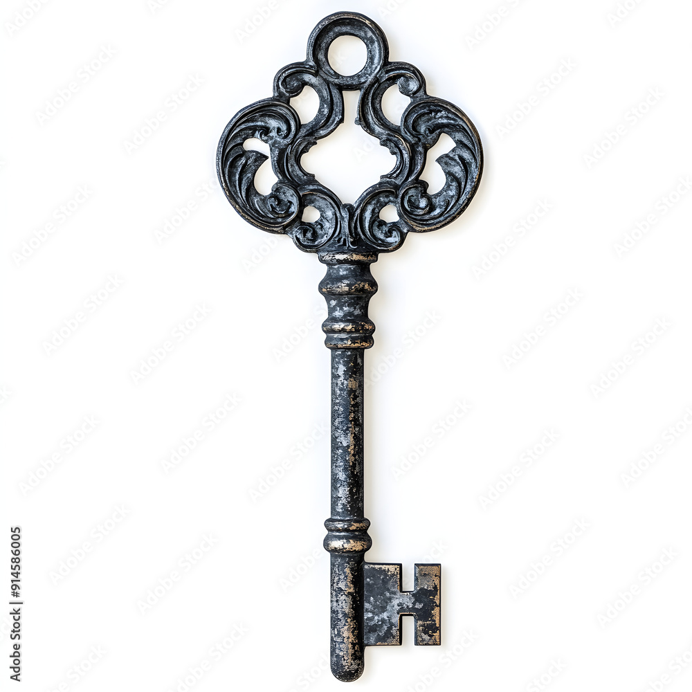 Antique Rusty Key with Intricate Design Isolated on White Background Antique Rusty Key with Intricate Design Isolated on White Background
